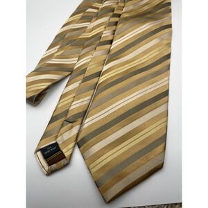 BCBG Attitude Mens Silk Tie Gold Tan Cream Olive Diagonal Striped Hand Made